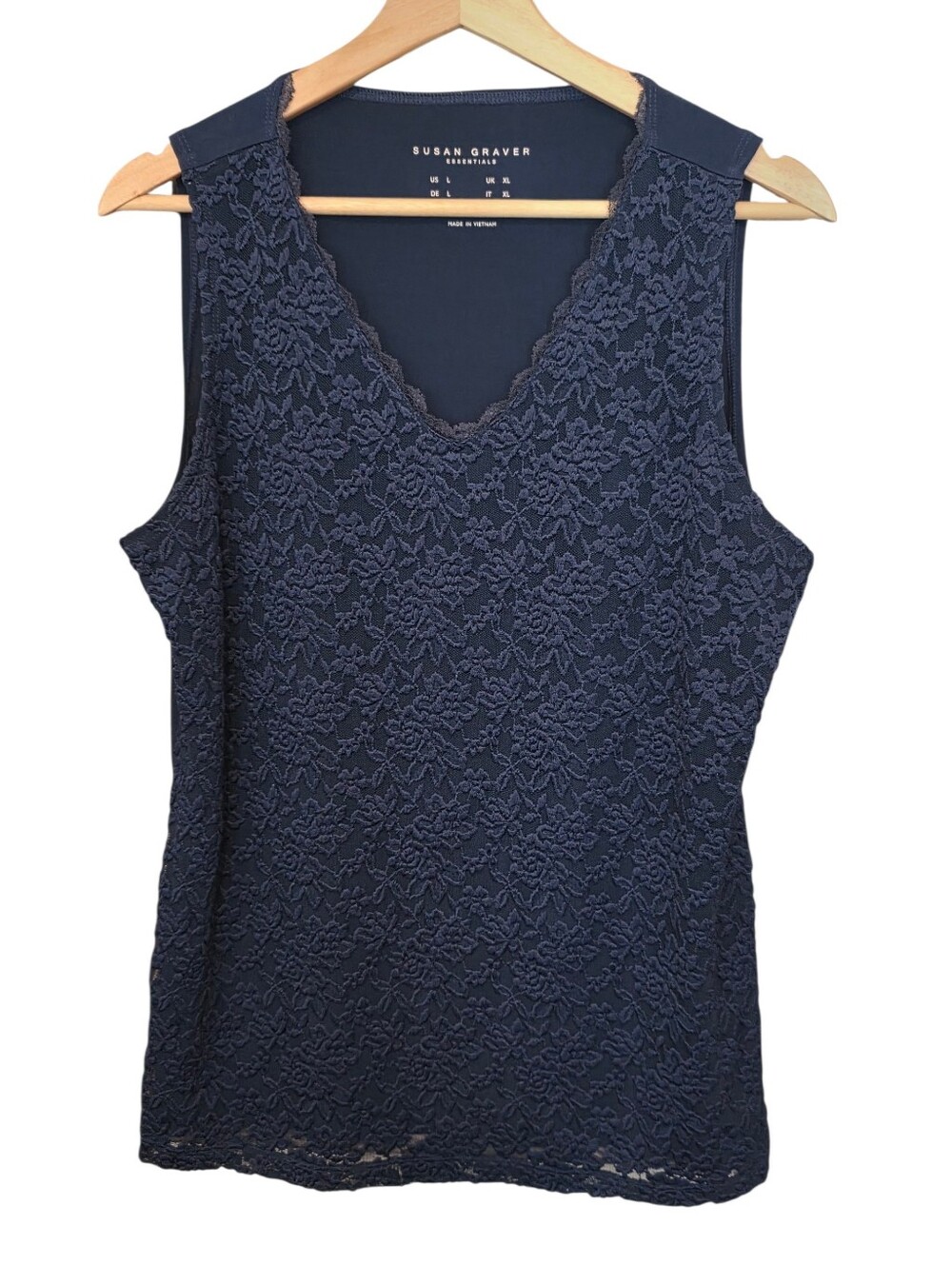 Susan Graver Navy Blue Romantic  Lace Overlay V-Neck Sleeveless Top Size L EUC